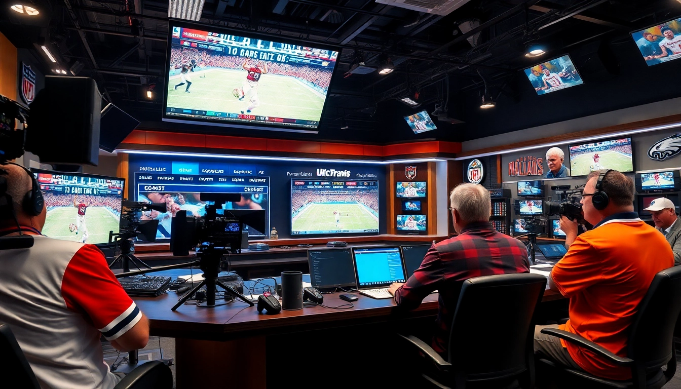 Engaging scene of sports broadcasting with commentators discussing live game highlights.