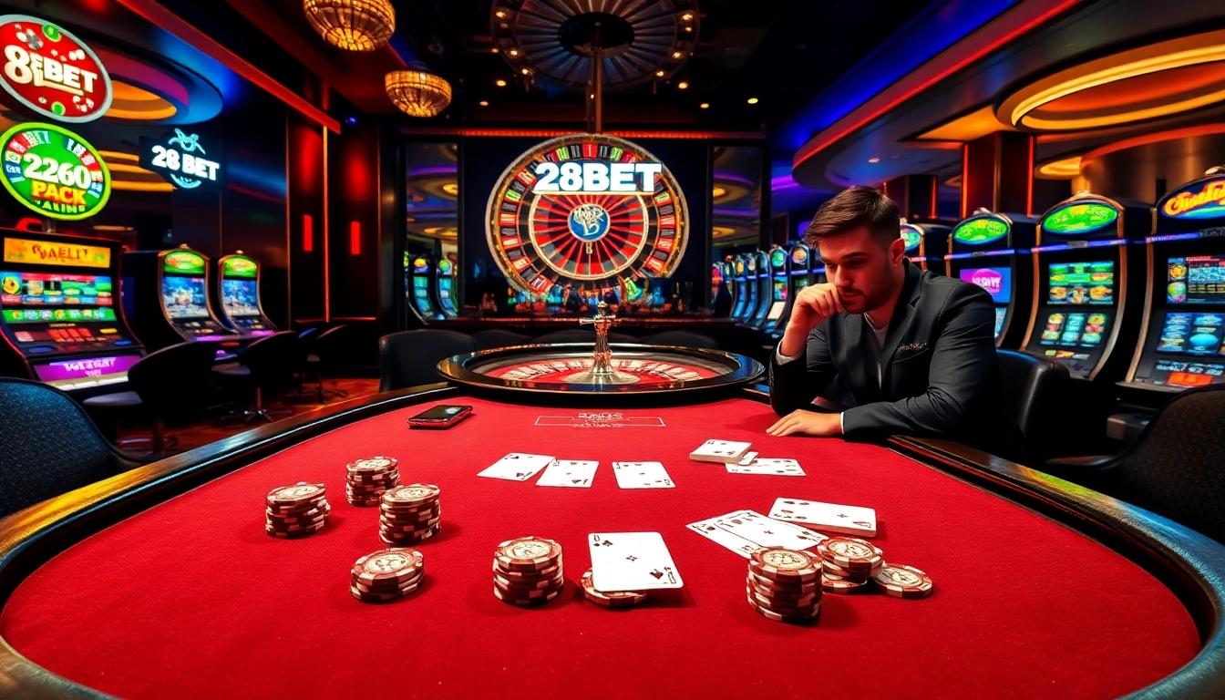 Experience the thrill of 28BET as players engage in high-stakes poker surrounded by luxurious casino elements.