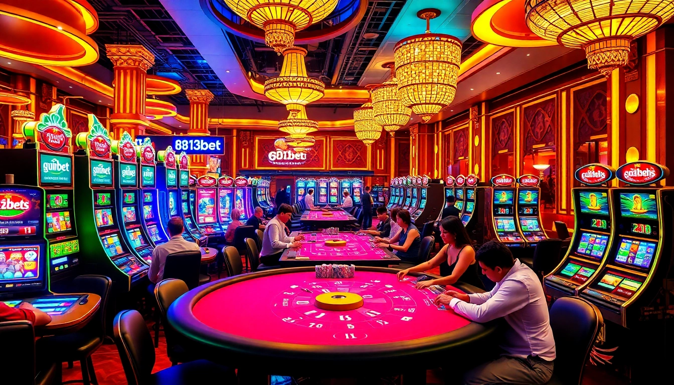 Jogadores curtindo um jogo empolgante nas mesas de cassino luxuosas da 813bet, com máquinas caça-níqueis vibrantes.