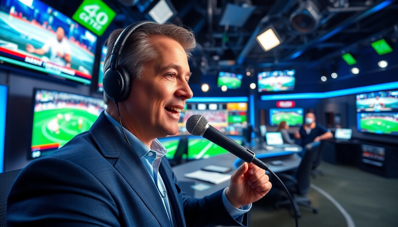 Engaging sports broadcasting studio with dynamic host and multiple screens showcasing live sports.
